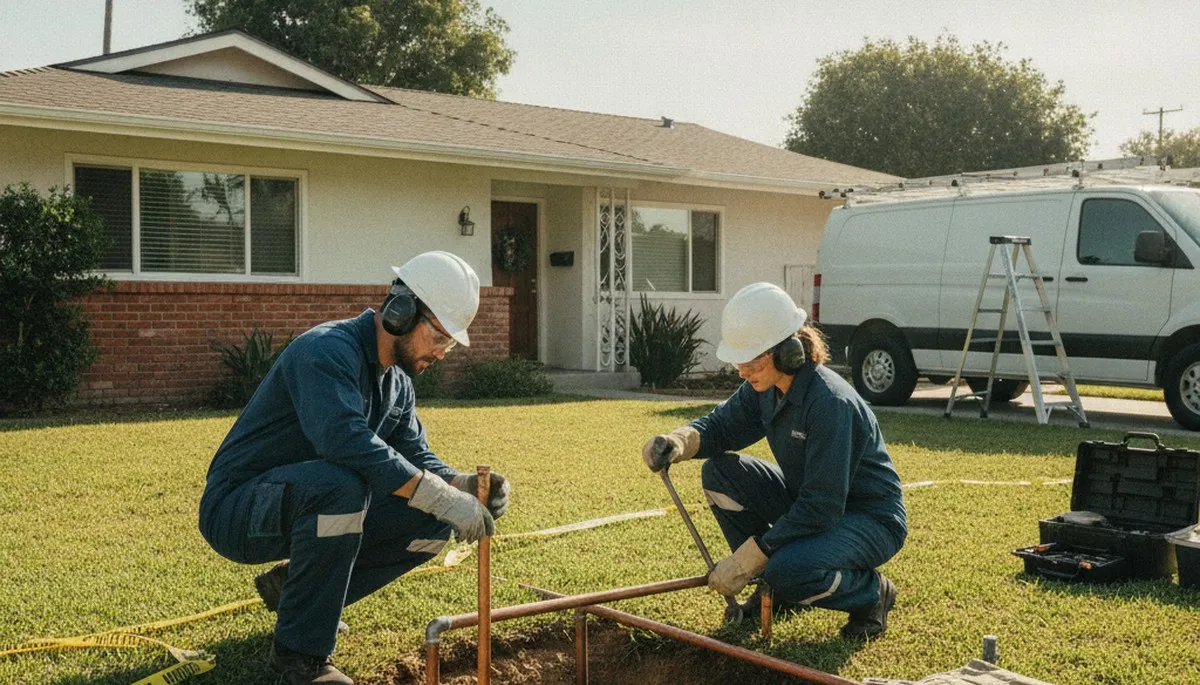 Plumber repairing a leak in Long Beach, CA for residential plumbing service