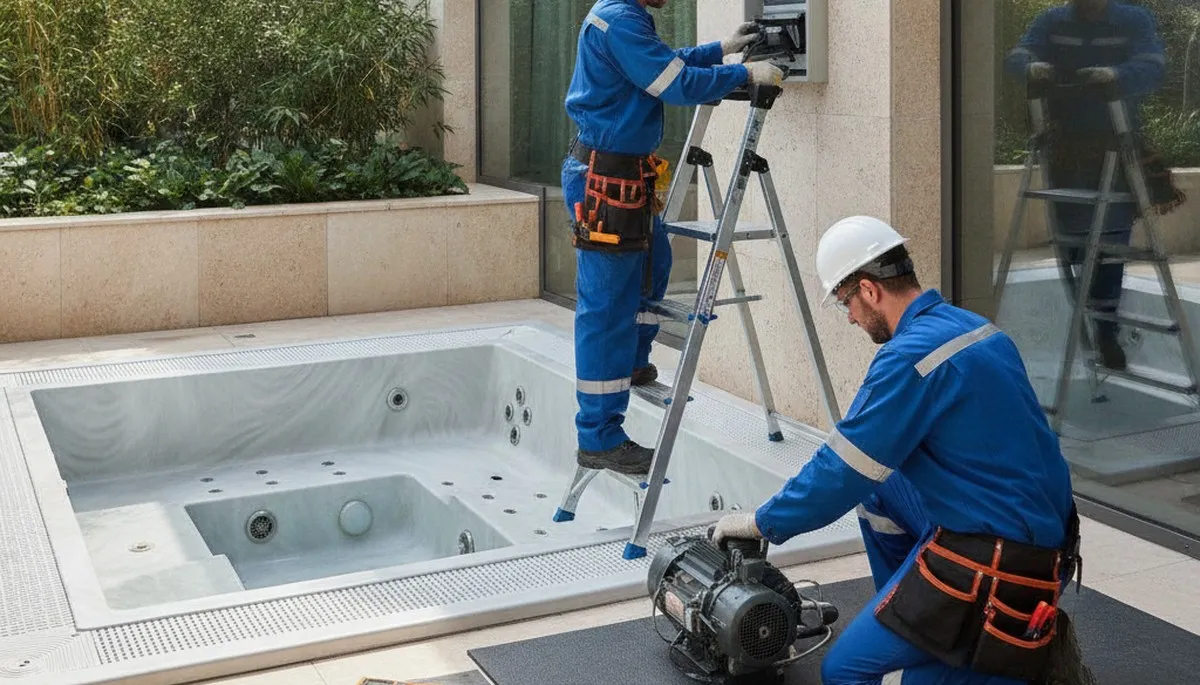 Long Beach, CA spa repair technician fixing jets and heater for a residential spa